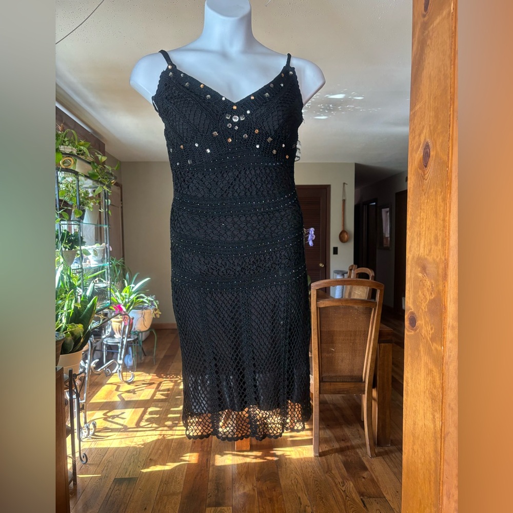 Vintage Lori Ann Montreal Elegant Black Crochet Dress with Jewel Details Sz S